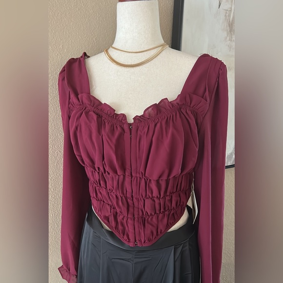 Burgundy chiffon corset long sleeve top - Picture 5 of 9